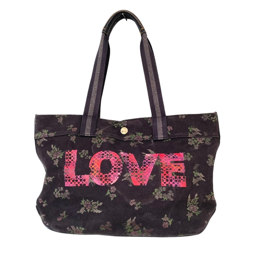 Coach Jason Naylor LOVE Graphic Tote Bag Logo Floral Canvas Black Pink Purse